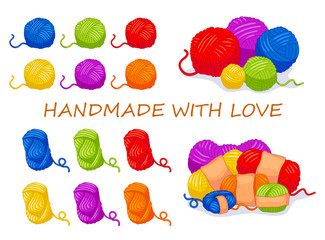 Collection of vector cartoon sewing items. Multi-colored wool balls. For handmade shop and other knit design project. Cute Vector Collection.