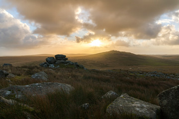 Brown Willy and Showery Tor on Bodmin moor after a rain storm has passed, Cornwall, UK