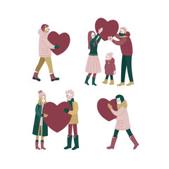 Set of happy couples in love. People carying big hearts. Dating people. Saint Valentines day. Vector illustration