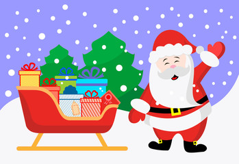 Santa's Sleigh. Winter new year landscape. Vector illustration