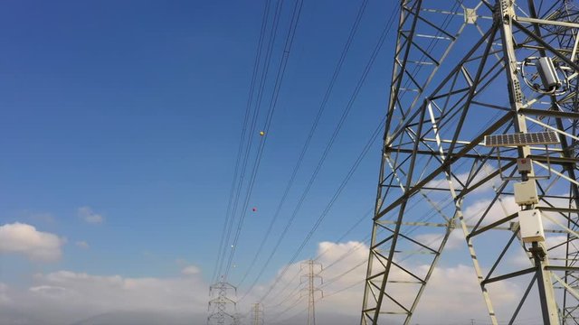 Wide angle view surveying tall power lines.