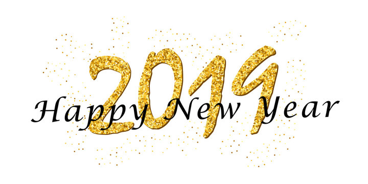 Happy New Year text. Bright gold number 2019 with sparkle isolated on white background. Holiday golden glitter design for Christmas celebrate, banner, decoration, greeting card. Vector illustration