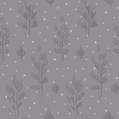 Seamless hand drawn pattern with branches and leafs amid snowfall