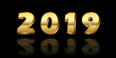 Happy New Year background. Gold 3D number 2019 isolated on black. Bright golden design for greeting card, Christmas banner, holiday celebration, decoration poster, calendar. Vector illustration