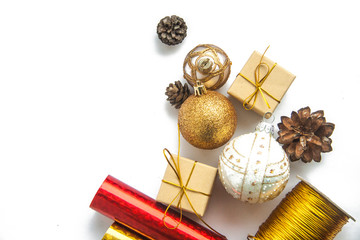 christmas gift  boxes , balls on white  background