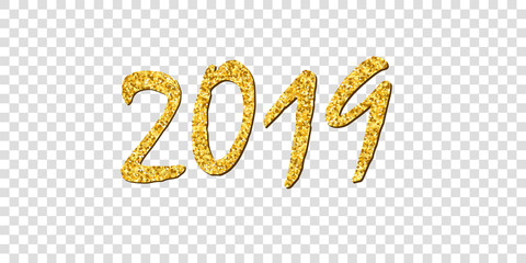 Happy New Year gold number 2019. Bright golden design with sparkle, isolated white transparent background. Holiday glitter typography Christmas banner, decoration, greeting card. Vector illustration