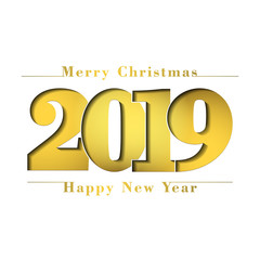 Happy New Year Merry Christmas card. Gold number 2019. Golden gradient digits, isolated on white background. Glowing shiny design, light texture for celebration, greeting poster. Vector illustration