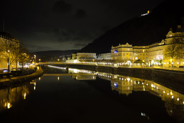 Bad Ems an der Lahn mit Kurhaus bei Nacht - Unesco Weltkulturerbe Great Spas of Europe - Stockfoto	