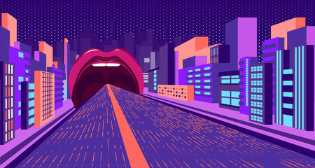 absurd neon, a road that narrows in perspective and goes into the mouth with pink lips. Against the background of the city and buildings. Pop art, kitsch. vector.
