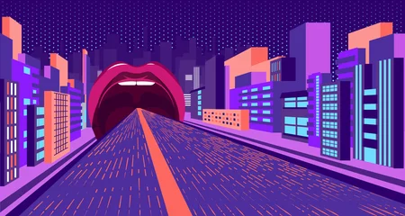 Foto op Plexiglas absurd neon, een weg die zich in perspectief vernauwt en met roze lippen in de mond gaat. Tegen de achtergrond van de stad en gebouwen. Pop-art, kitsch. vector. © Ангелина Иванько