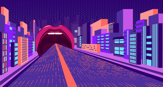 Den fremmede respons en lille absurd neon, a road that narrows in perspective and goes into the mouth  with pink lips. Against the background of the city and buildings. Pop art,  kitsch. vector. Stock Vector | Adobe