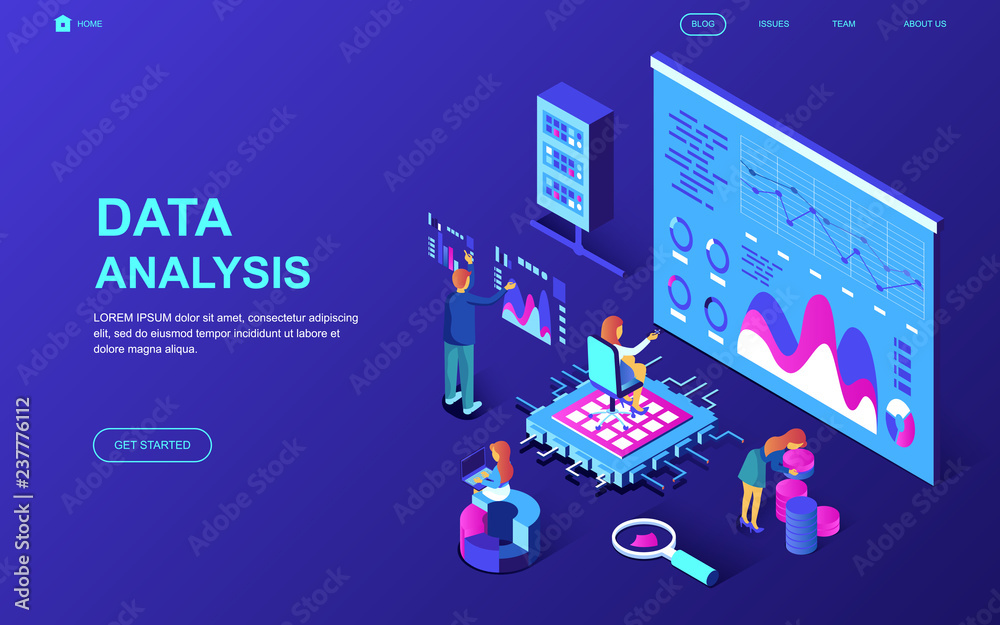 Poster Modern flat design isometric concept of Auditing, Data Analysis decorated people character for website and mobile website development. Isometric landing page template. Vector illustration.