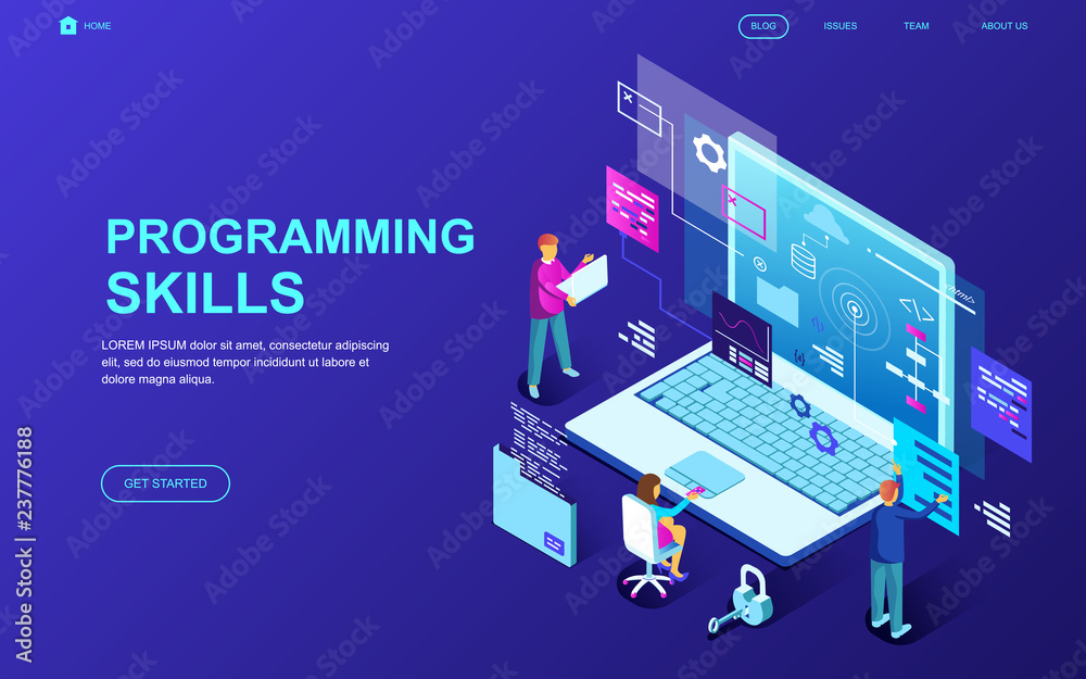 Wall mural modern flat design isometric concept of programming skills decorated people character for website an