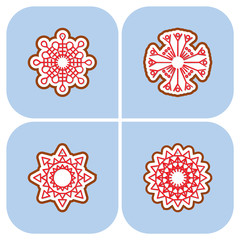 set Christmas gingerbread snowflakes, new year's ball on blue background. Vector illustration.