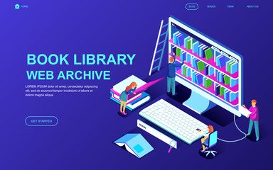 Modern flat design isometric concept of Book Library decorated people character for website and mobile website development. Isometric landing page template. Vector illustration.
