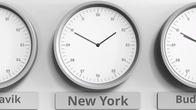 Round clock showing New York, USA time within world time zones. 3D animation