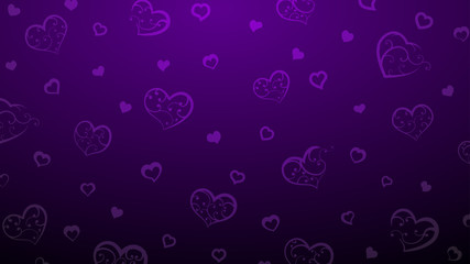 Background of big and small hearts with ornament of curls, in purple colors