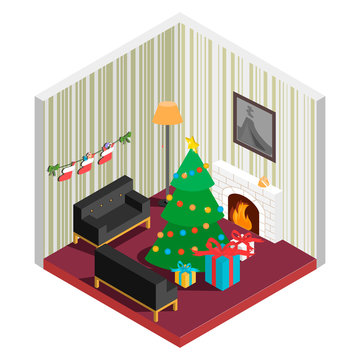 Room isometric with christmas tree,fireplace, santas sock
