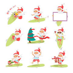 Santa Claus on surfboard with gifts in backpack