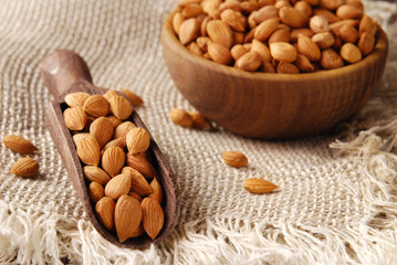 Dry apricot kernels in a wooden bowl and scoop on burlap background.