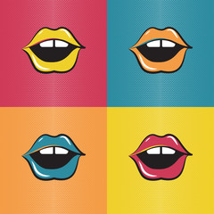Open Sexy wet red lips with teeth pop art set backgrounds