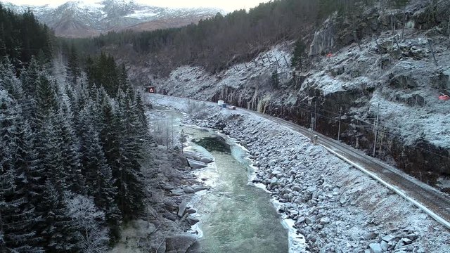 Train Oslo - Bergen in mountains. Hordaland, Norway.
