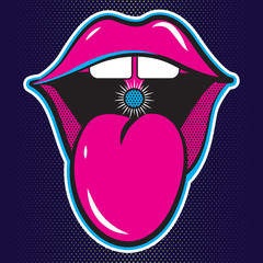 Sprechende Lippen des Pop-Art-Vektors. Der halboffene Mund der sexy Frau, Lecken, herausstehende Zunge, Konversation. © Ангелина Иванько