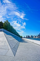 Roosevelt Island, New York, USA: A cobblestone walkway along the East River is part of the Four Freedoms Park.