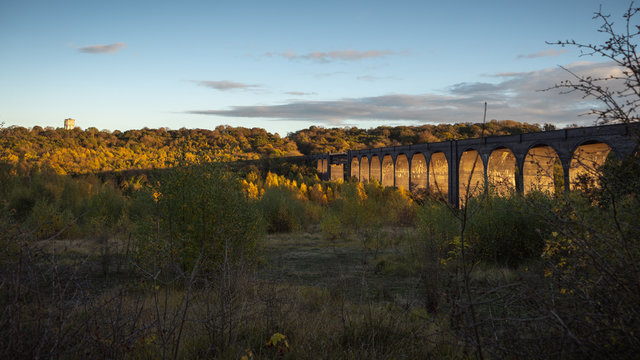 Conisbrough viaduct at sunset. A view of the beautiful landscape in England.