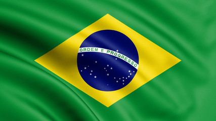 Brazil flag blowing in the wind. Background texture. 3d rendering, waving flag. 3d illustration.