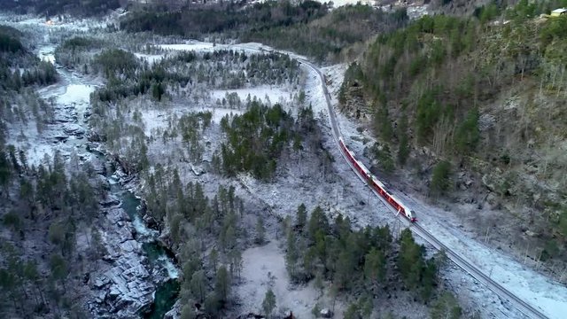 Train Oslo - Bergen in mountains. Hordaland, Norway.