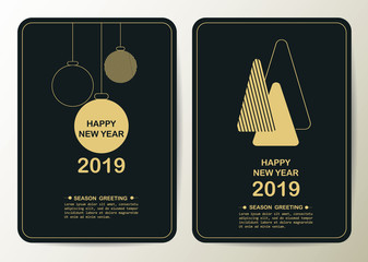 New Year greeting card design with stylized Christmas ball and Christmas tree in minimalist flat design style. Vector illustration - 237780759