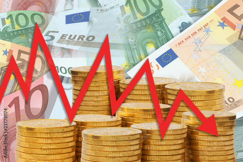 Business Chart With Red Arrow Going Down On Background Of Golden Business Chart With Red Arrow Going Down On Background Of Golden Money Stacks And Euro Notes Downward Trend Showing Crisis