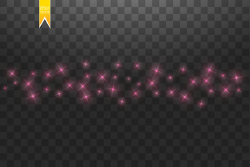 Pink star dust trail sparkling particles isolated on transparent background. Vector gold glitter wave illustration.