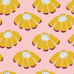 Seamless vector flowers repeating background. Scattered florals pattern. Flat gold yellow doodle flowers on pink. Scandinavian style. For fabric, girl, nursery, page fills, packaging, digital paper
