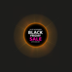 Black Friday sale and Total solar eclipse poster or banner. Glowing colorful circle with red light effect on black abstract background. Design template for shopping