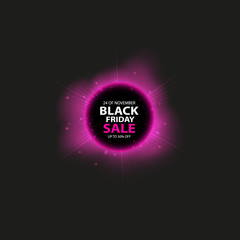 Black Friday sale and Total solar eclipse poster or banner. Glowing colorful circle with red light effect on black abstract background. Design template for shopping