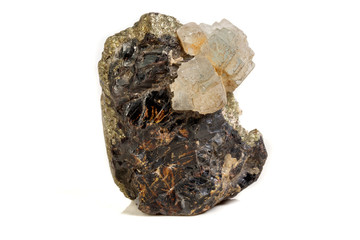 Macro of a mineral stone Sphalerite with fluorite and pyrite on a white background