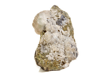 Macro of a mineral stone Sphalerite with fluorite and pyrite on a white background