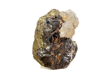 Macro of a mineral stone Sphalerite with fluorite and pyrite on a white background