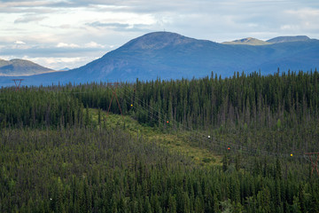 Visibility marker balls on power lines make make the electrial conductor crossings visible to aircraft in Alaska. Boreal forest and the Wrangell mountain range in background