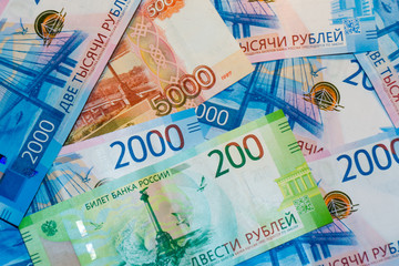 Russian banknotes worth 200, 2000 and 5000 rubles