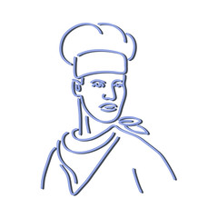 Retro style illustration showing a 1990s neon sign light signage lighting of a chef, baker or cook wearing hat and scarf looking to side on isolated background.