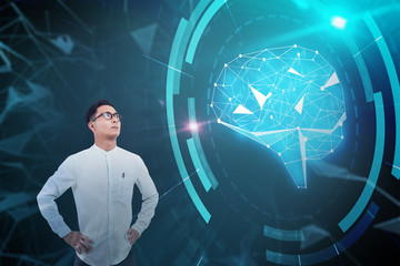 Asian man looking at brain interface, hud