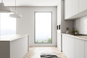 Loft white kitchen interior, island
