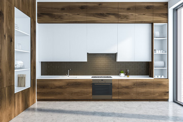 Black brick kitchen interior, cupboard