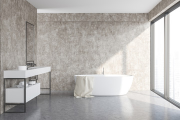 Concrete loft bathroom interior, tub and sink