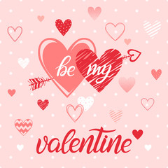 Happy Valentines Day - Hand painted lettering with different hearts.Romantic illustration perfect for design greeting cards, prints, flyers,posters,holiday invitations.Vector Valentines Day card.