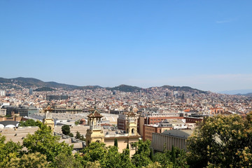 Fototapeta na wymiar Aerial view of Barcelona, Spain from Montjuic hill on a sunny day.