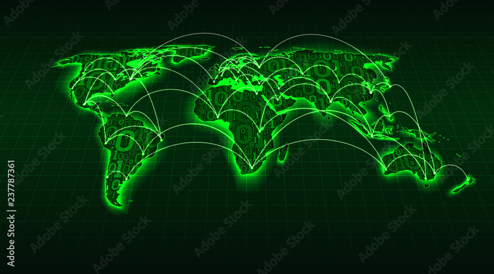 Poster Abstract green world map from digital binary code on a grid background, internet transactions between cities and countries, vector illustration